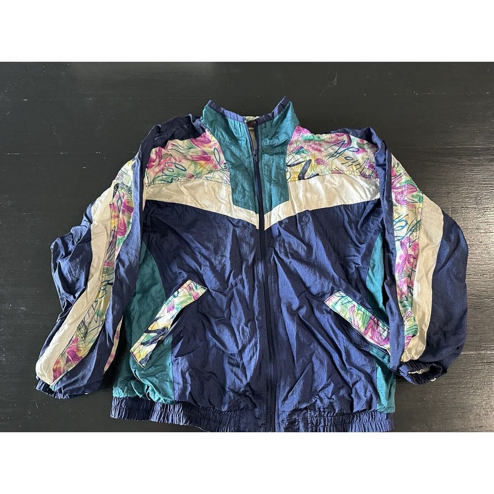 Vintage 90's Women's Windbreaker Neon Abstract Colorful Sport Sz L